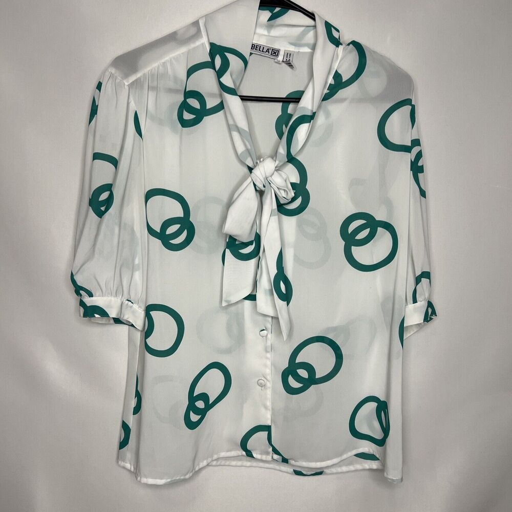 Vintage Loubella Green Circle 1/2 Sleeve Career Dressy Top Shirt Blouse Tie 12